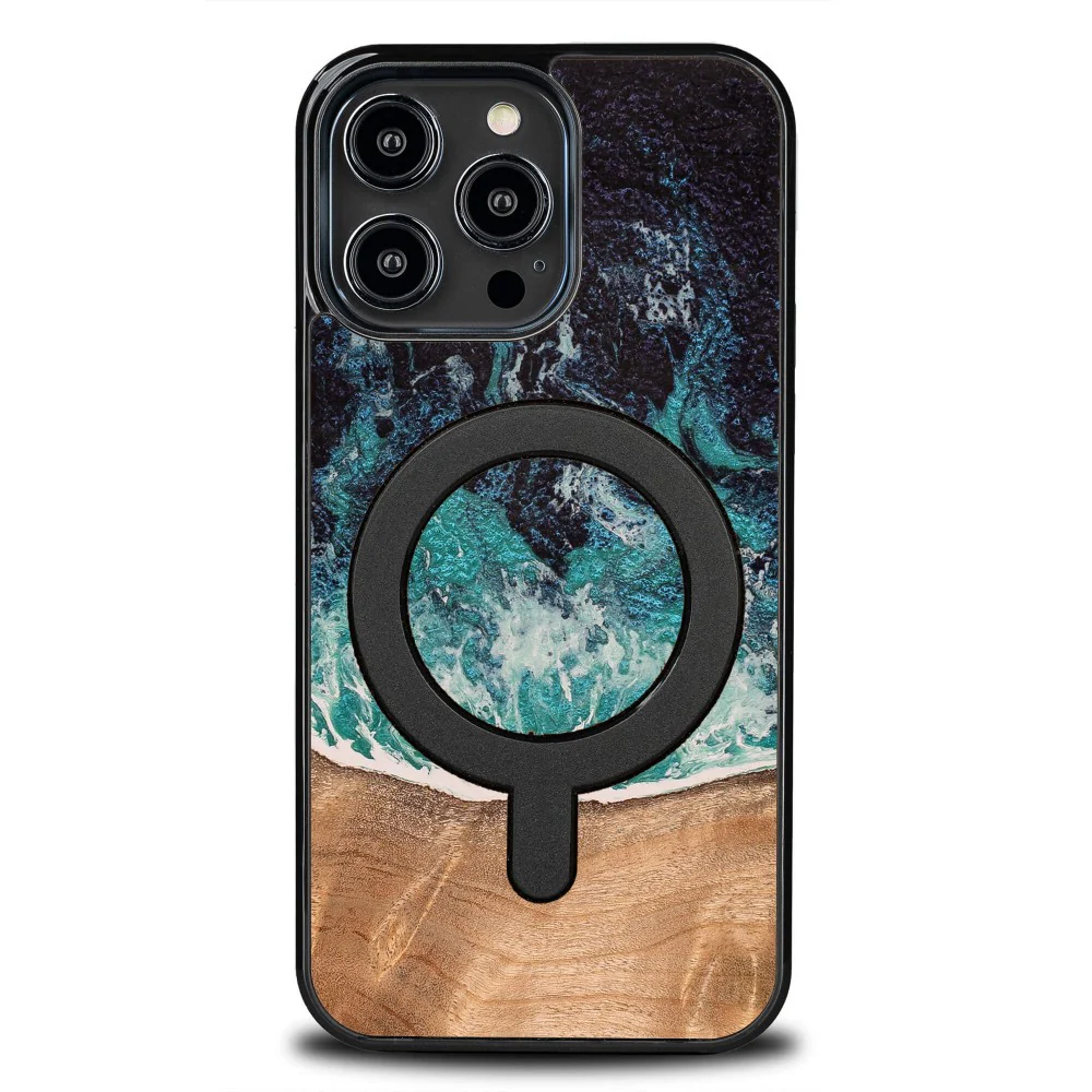 Holzhülle für iPhone 14 Pro Max, Bewood Unique Dream Island für MagSafe, Blau-Braun