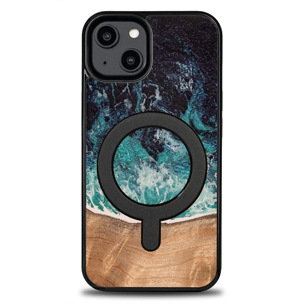 Holzhülle für iPhone 15, Bewood Unique Dream Island für MagSafe, Blau-Braun