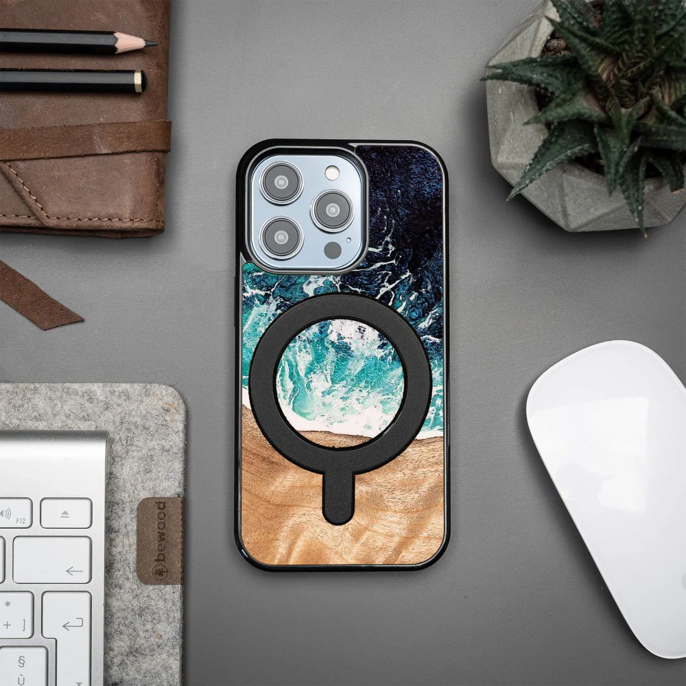 Holzhülle für iPhone 15 Pro, Bewood Unique Dream Island für MagSafe, Blau-Braun - Image 5