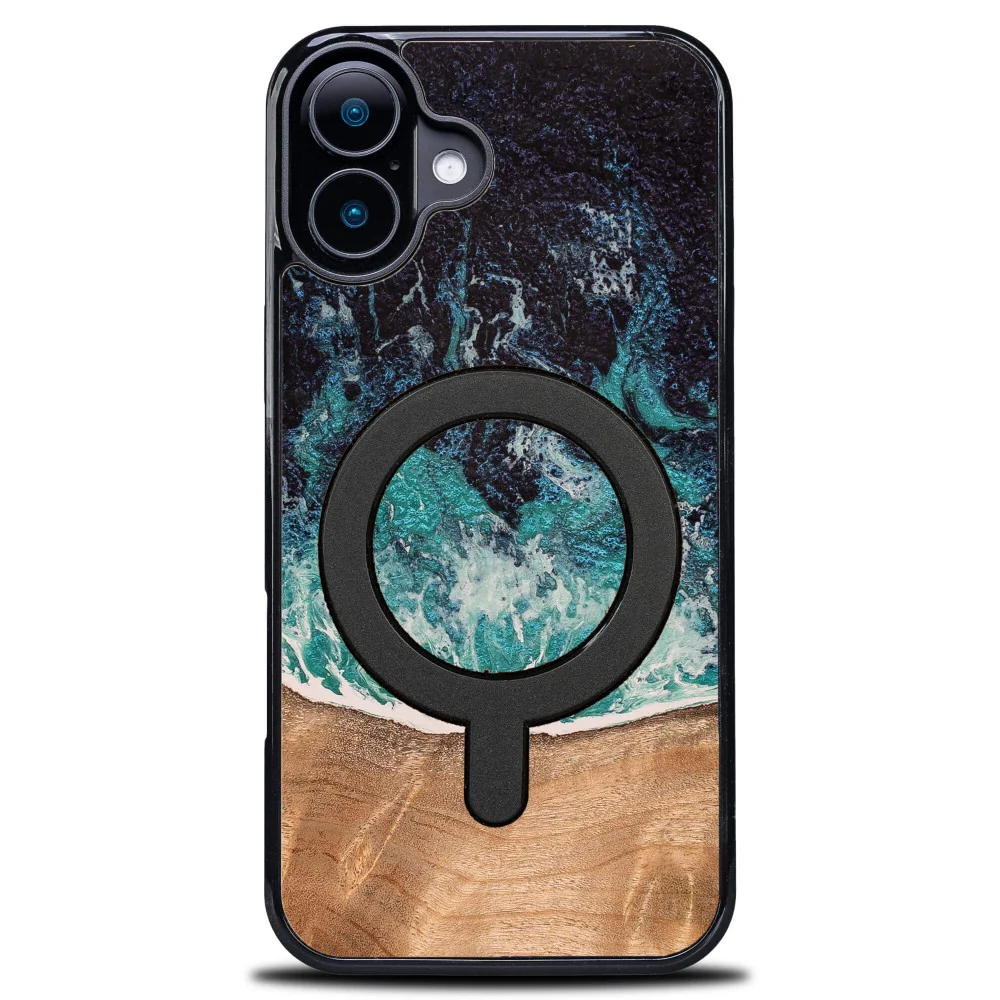 Holzhülle für iPhone 16, Bewood Unique Dream Island für MagSafe, Blau-Braun