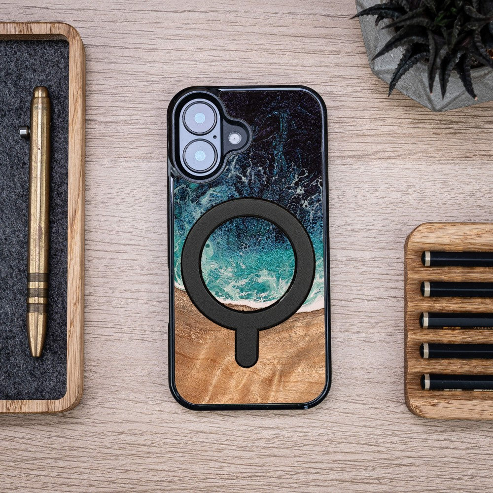 Holzhülle für iPhone 16, Bewood Unique Dream Island für MagSafe, Blau-Braun - Image 4