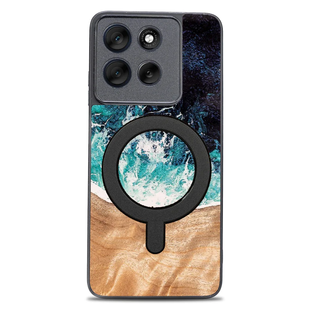 Holzhülle für Motorola Moto G56 5G, Bewood Unique Dream Island für MagSafe, Blau-Braun