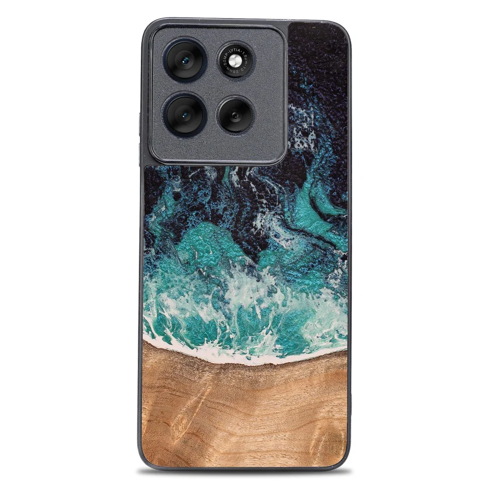 Holzhülle für Motorola Moto G86 5G, Bewood Unique Dream Island, Blau-Braun