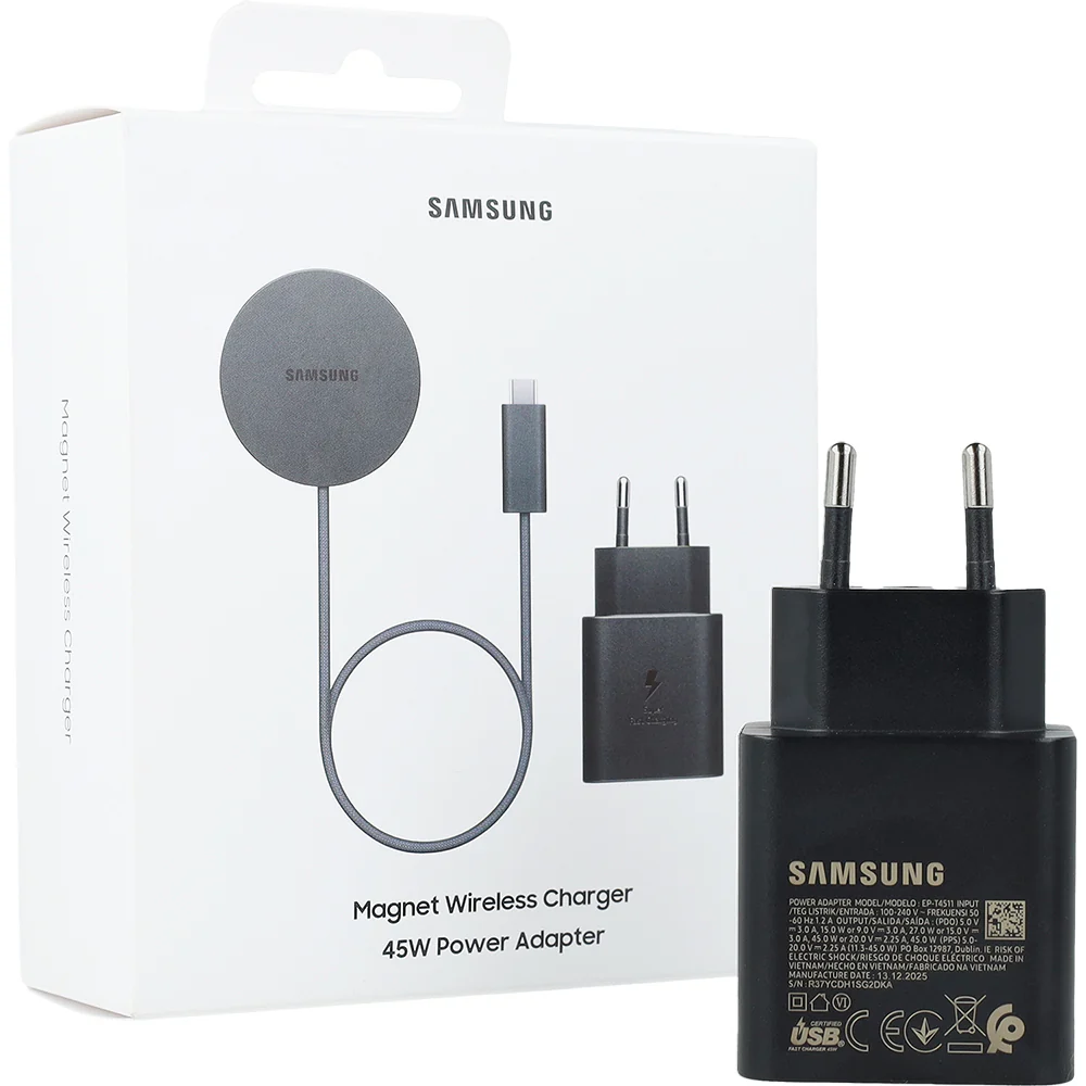 Induktionsladegerät mit Qi2.2 25W + Netzladegerät 45W, Samsung Magnet Wireless Charger, für MagSafe / MPP, USB-C Nylonkabel, Schwarz