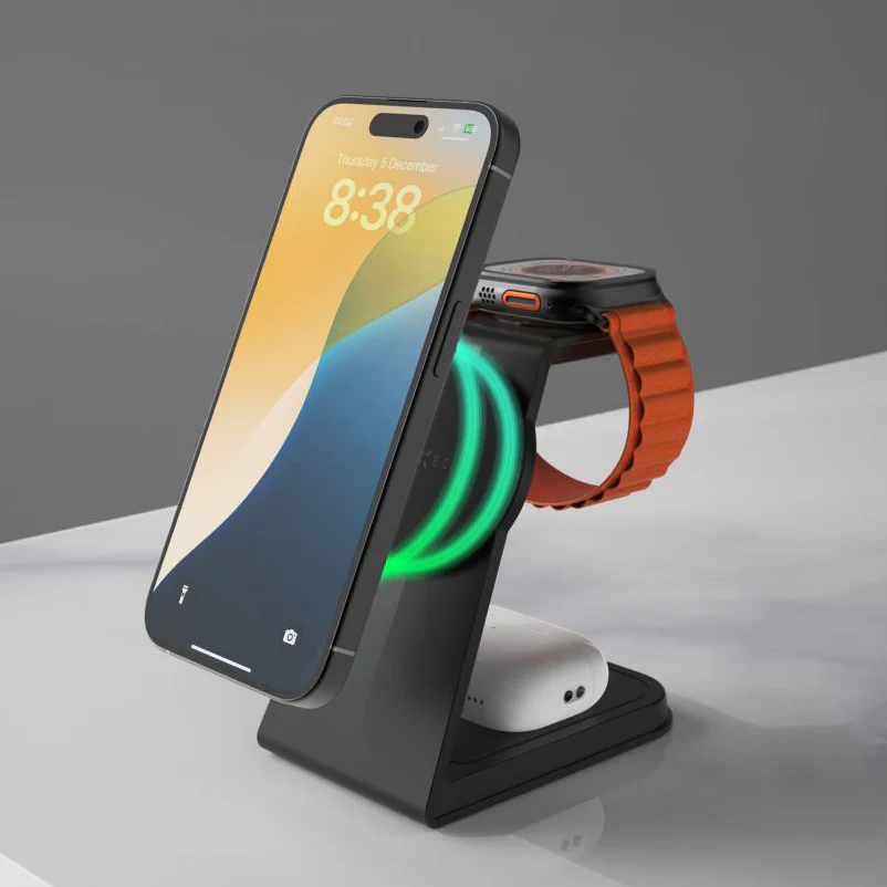 Induktives Ladegerät 3in1, Q2i, 15W, mit MagSafe, Fixed MagPowerstation Alu 2 für iPhone / Apple Watch / AirPods, Schwarz - Image 3