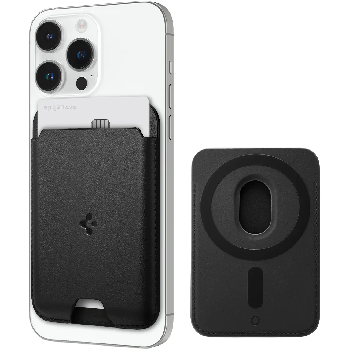 Kartenetui mit MagSafe Spigen Valentinus Mag Fit, veganem Leder, Schwarz