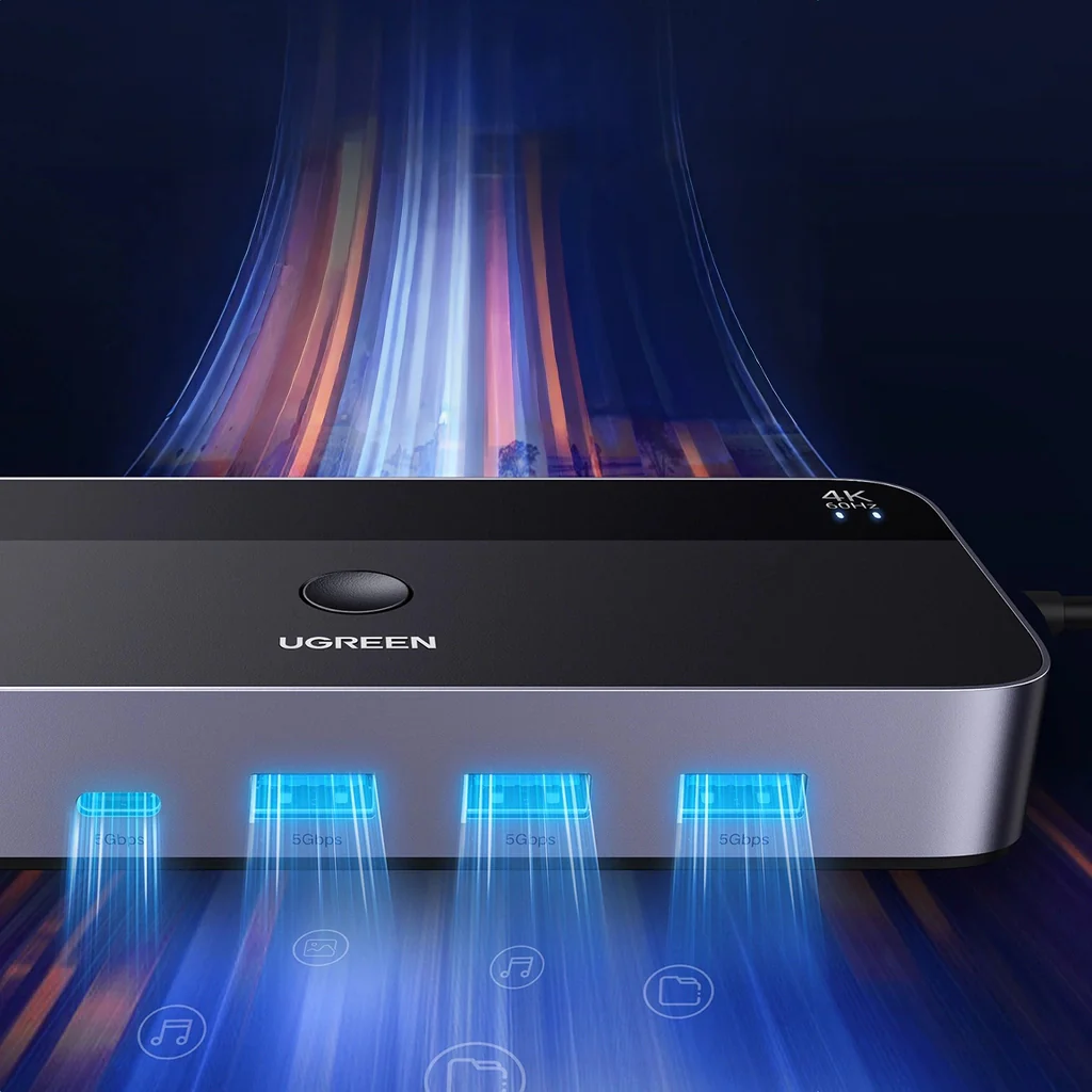 KVM Switch mit Geräteschalter, 3x HDMI 4K 60Hz, 3x USB-A 5Gb/s, 2x USB-C, Ugreen KVM CM664 inkl. HDMI und USB-Kabel, Schwarz-Silber - Image 8