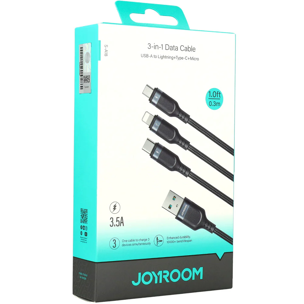 Ladekabel / Datenkabel USB-A zu USB-C / Lightning / microUSB, Joyroom 3in1, 3.5A, 0,3m, Schwarz - Image 8