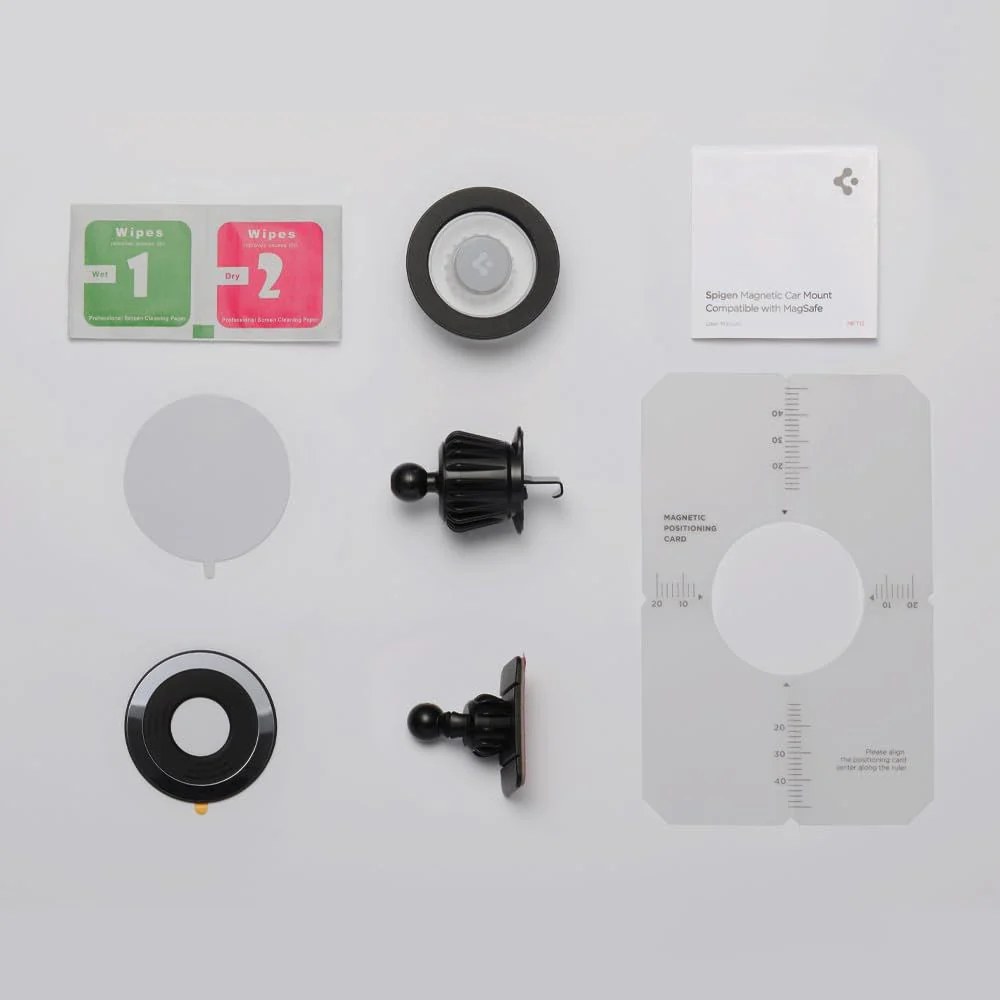 Magnetische Autohalterung für Handy zur Befestigung am Armaturenbrett oder Lüftungsgitter für MagSafe Spigen MFT13 Magnetic Car Mount mit Magnetplatte, Grau-Schwarz - Image 10