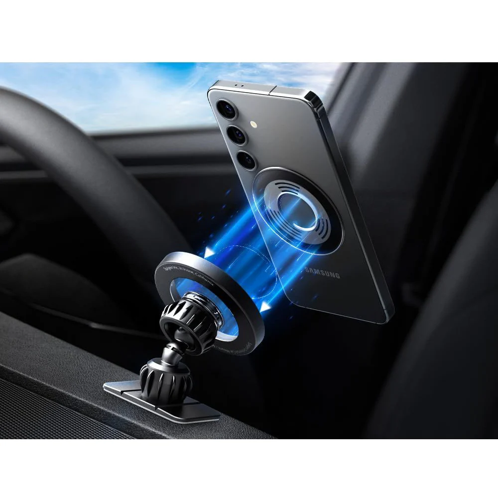Magnetische Autohalterung für Handy zur Befestigung am Armaturenbrett oder Lüftungsgitter für MagSafe Spigen MFT13 Magnetic Car Mount mit Magnetplatte, Grau-Schwarz - Image 3
