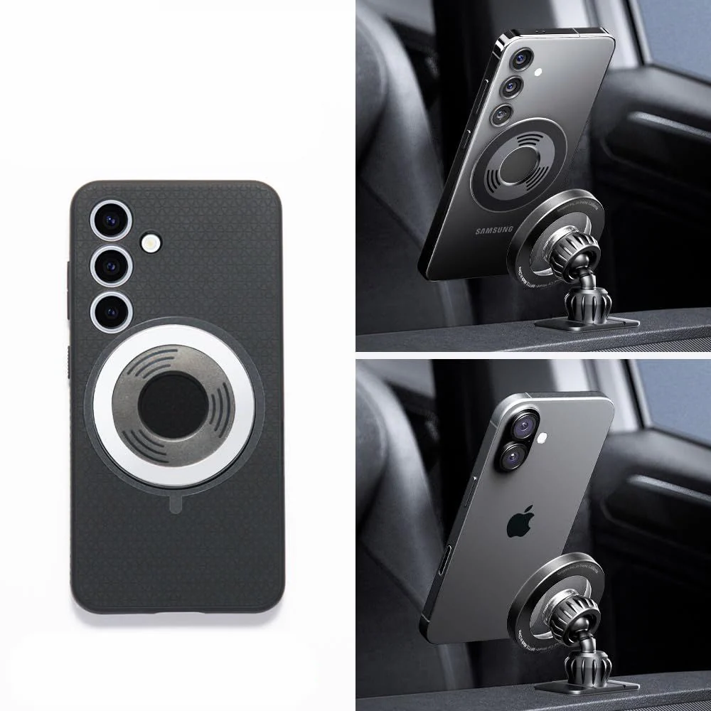 Magnetische Autohalterung für Handy zur Befestigung am Armaturenbrett oder Lüftungsgitter für MagSafe Spigen MFT13 Magnetic Car Mount mit Magnetplatte, Grau-Schwarz - Image 6