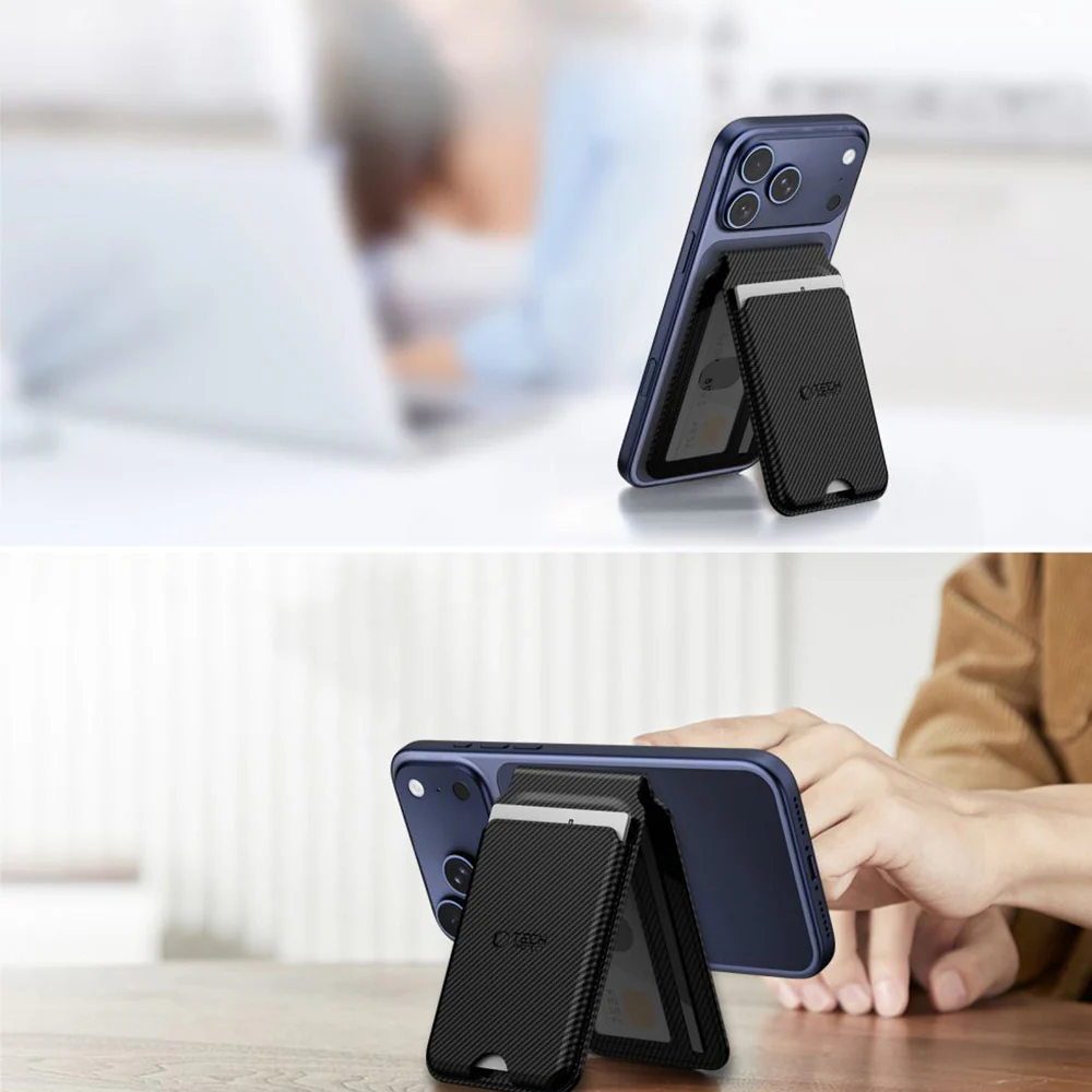 Magnetisches Kartenetui mit Ständer mit MagSafe, Tech-Protect MagWallet Stand, Schwarz Carbon - Image 5