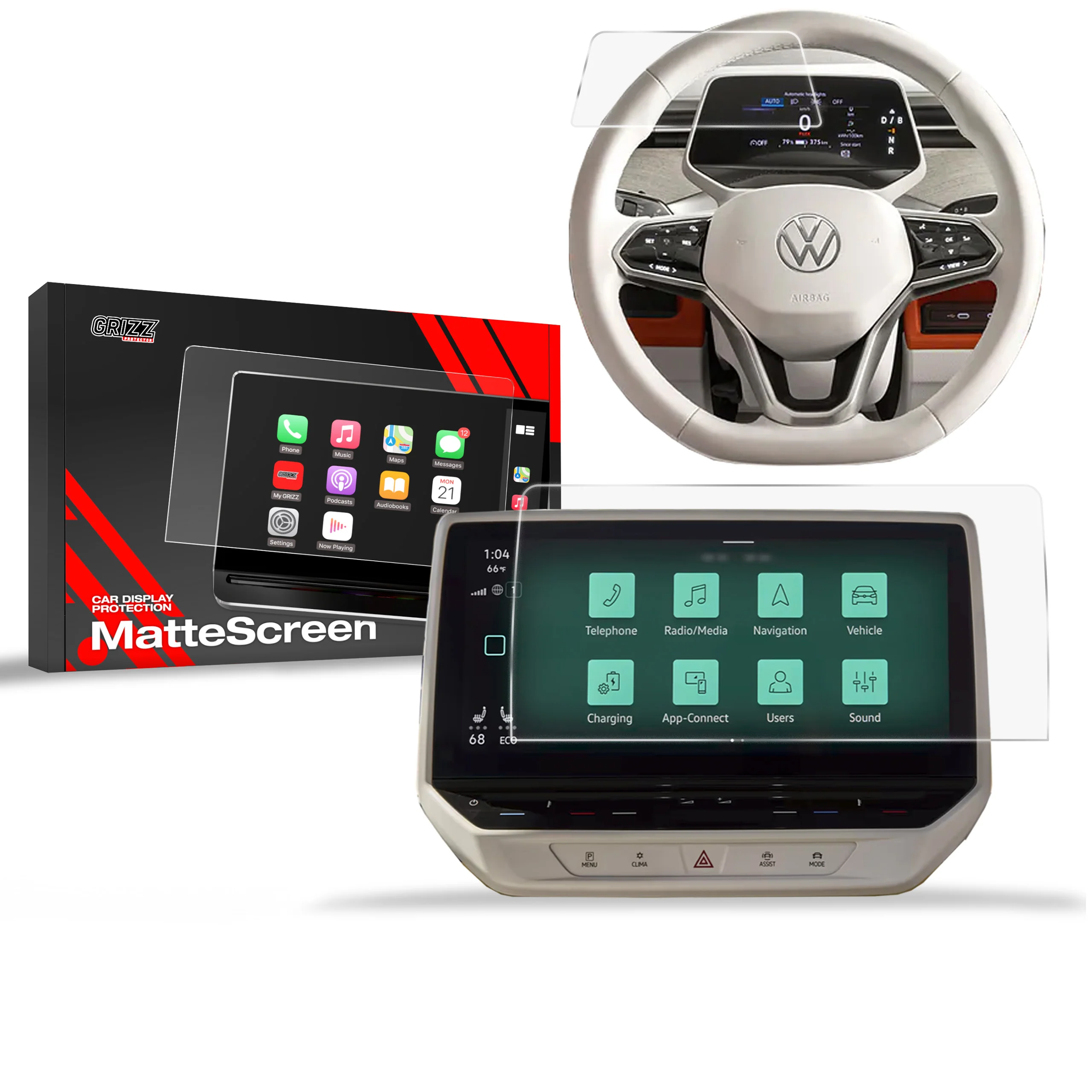 Matte Autodisplayfolie 2in1 für Volkswagen ID. Buzz 12" (2022-2025), Grizz Protector