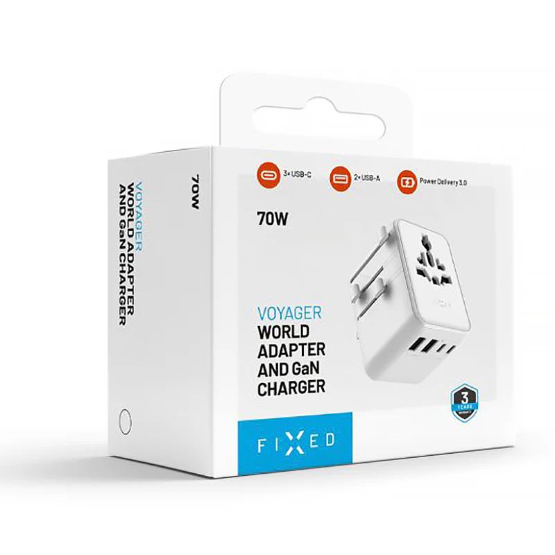 Reiseadapter / Steckeradapter Fixed Voyager 70 W für EU, UK, USA, AUS, 3x USB-C und 2x USB-A, GaN, PD 3.0, Weiß - Image 9