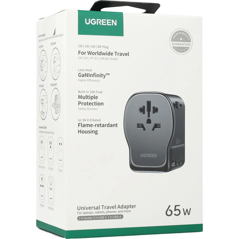Reiseadapter / Wandladegerät GaN 65W für CN, US, JP, EU, UK, AU, 2x USB-C und 1x USB-A, PD 3.0, QC 4.0, PPS, Ugreen S550, Schwarz - Image 10
