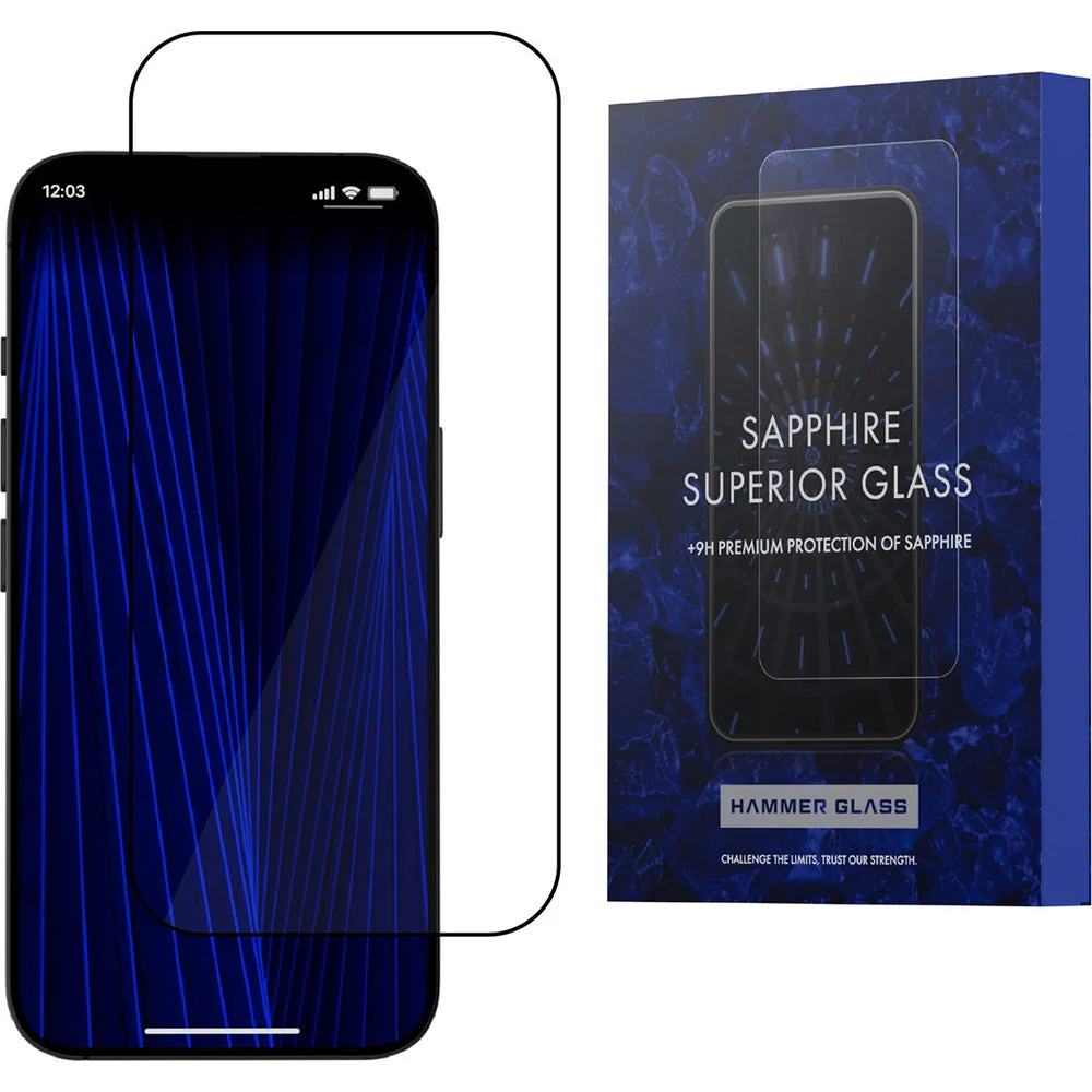 Saphirglas für iPhone 15 Pro, Hammer Glass Sapphire Superior, Schwarzer Rahmen