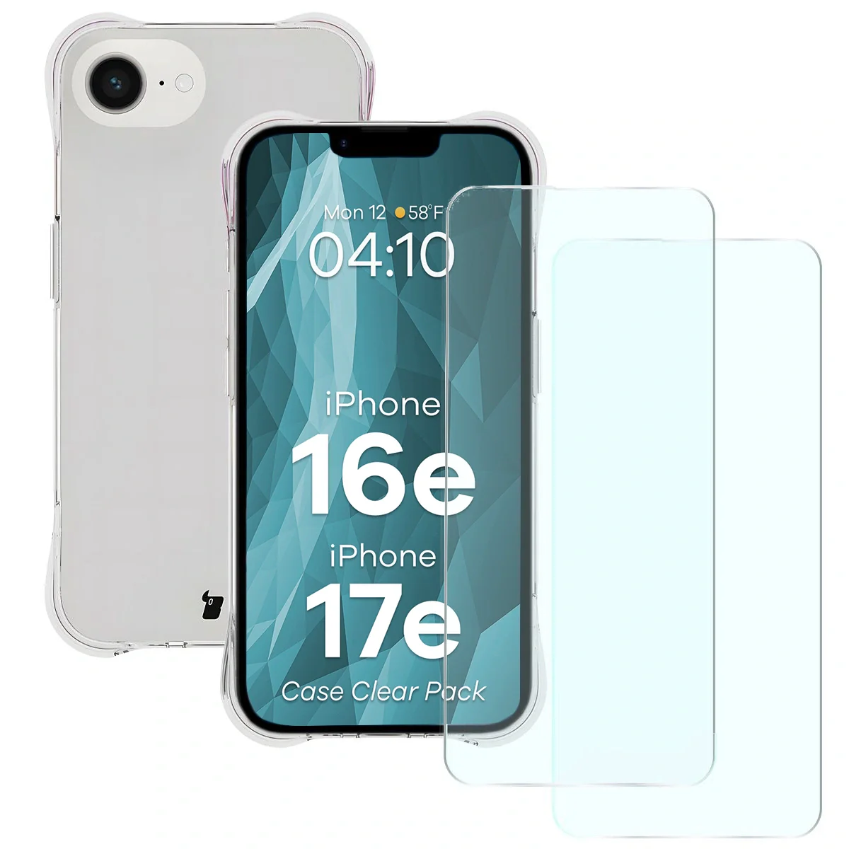 Schutzhülle + 2x gehärtetes Glas für iPhone 17e / 16e, Bizon Case Clear Pack, Transparent