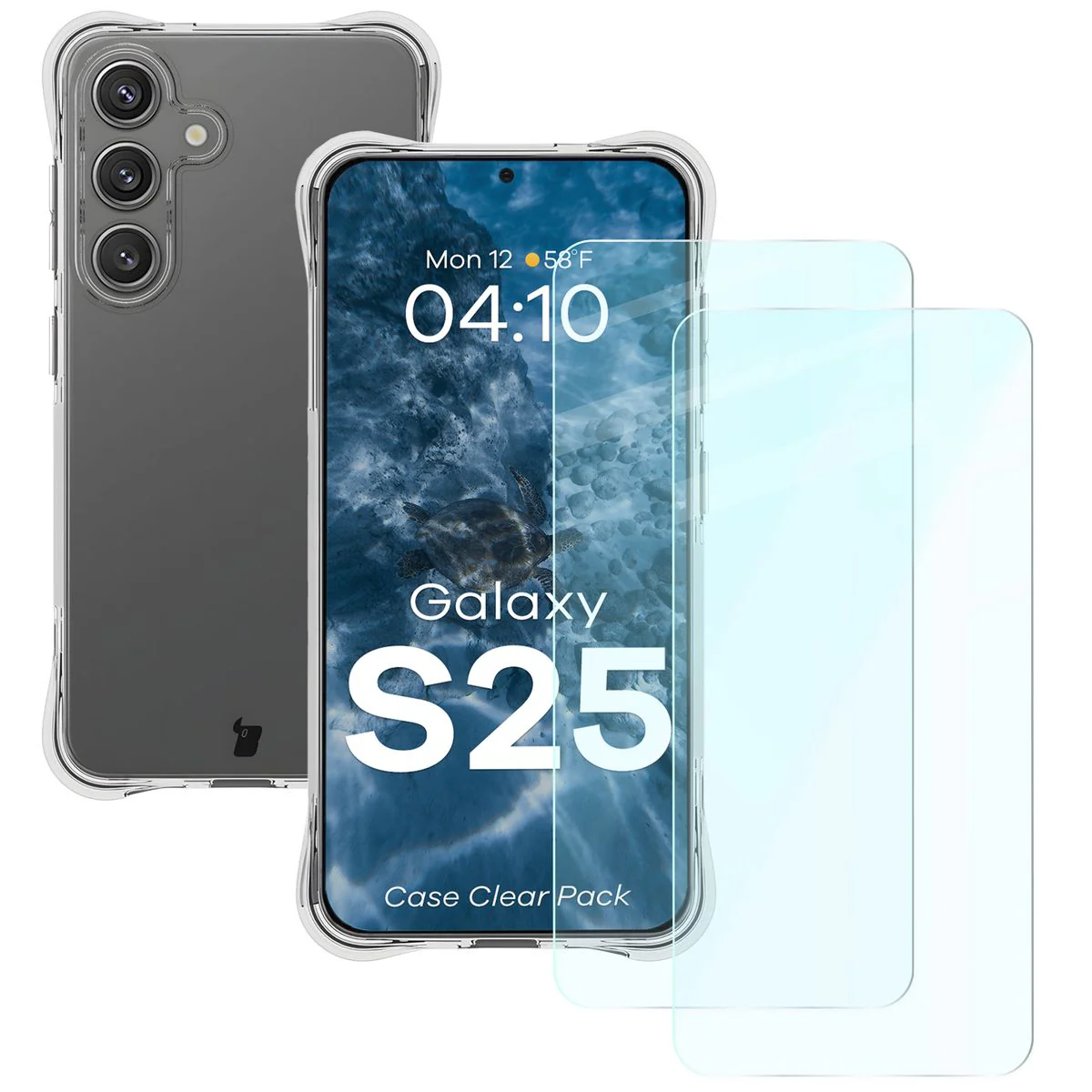 Schutzhülle + 2x gehärtetes Glas für Galaxy S25, Bizon Case Clear Pack, Transparent