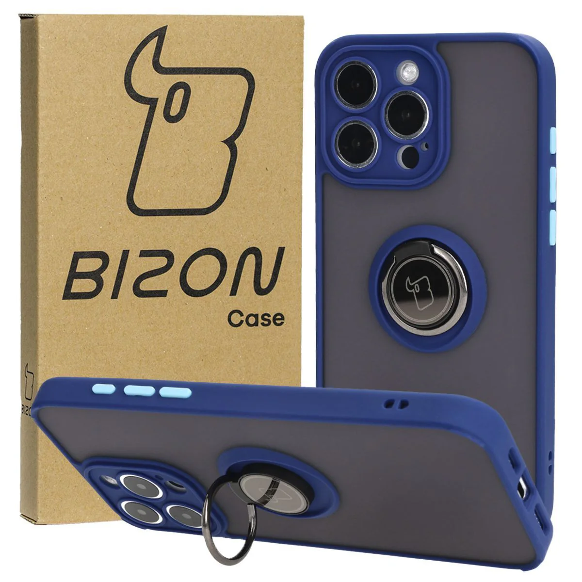 Handyhülle mit Fingergriff für iPhone 15 Pro Max, Bizon Case Hybrid Ring, getönt mit dunkelblauem Rahmen