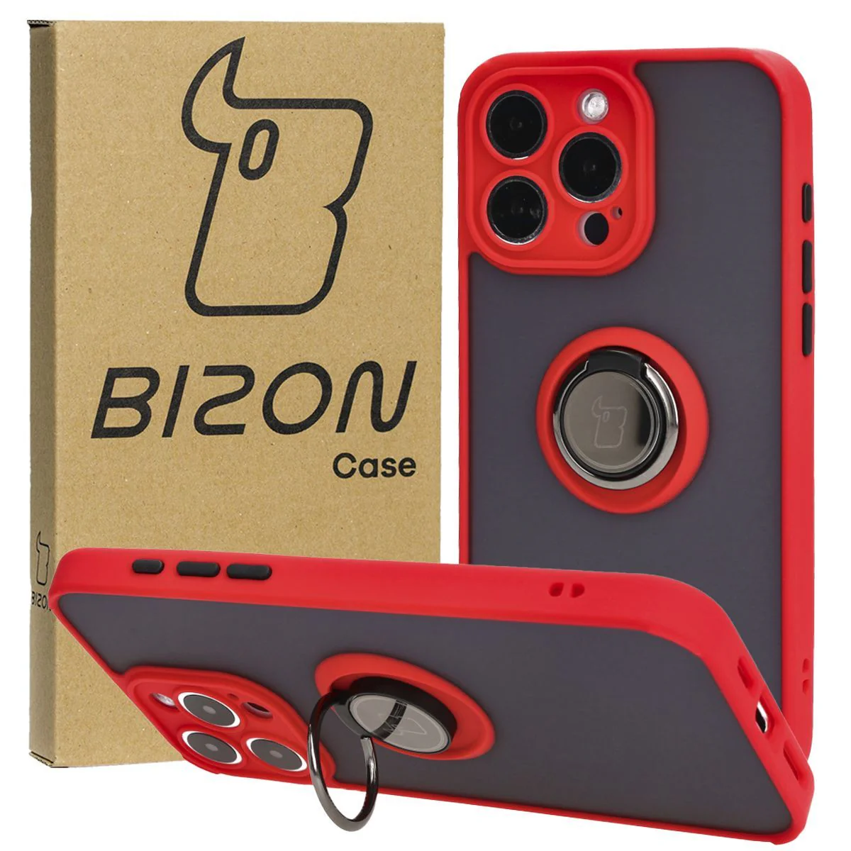 Handyhülle mit Fingergriff für iPhone 15 Pro Max, Bizon Case Hybrid Ring, getönt mit rotem Rahmen
