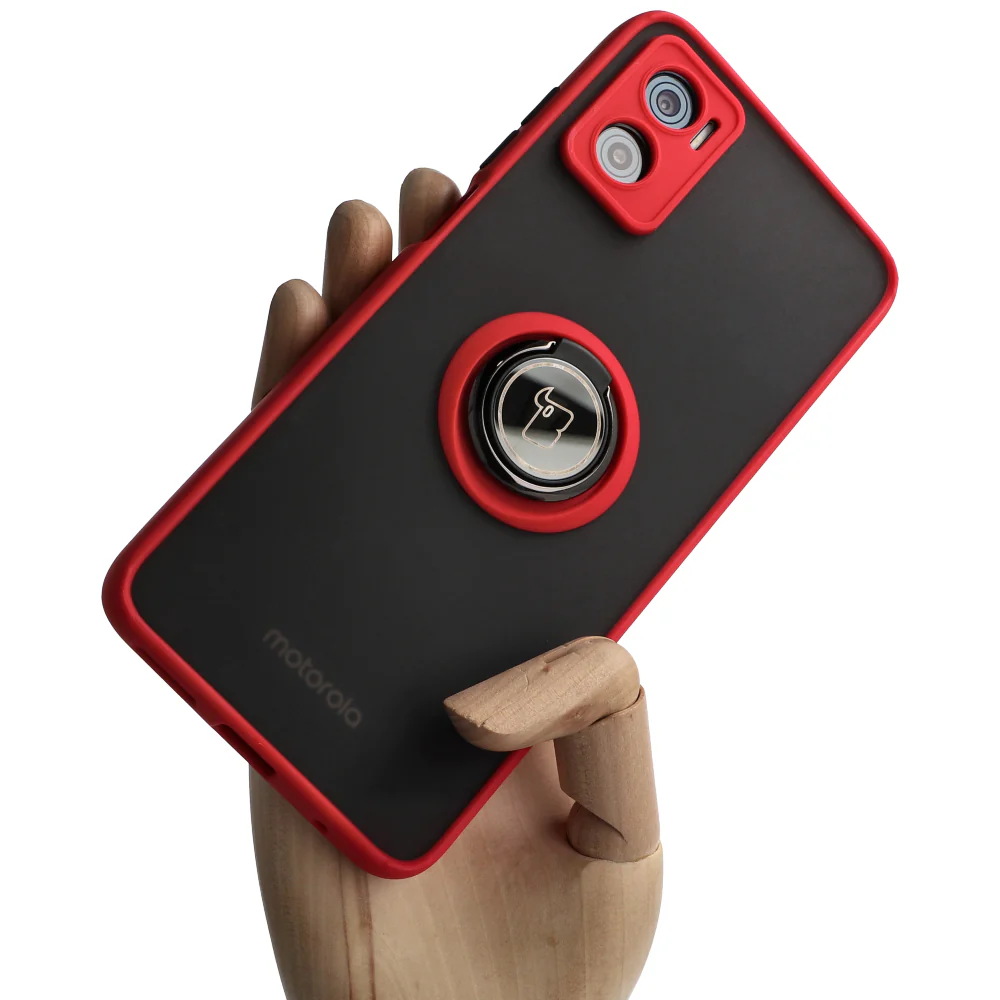Handyhülle mit Fingergriff für Motorola Moto E22 / E22i, Bizon Case Hybrid Ring, getönt mit rotem Rahmen