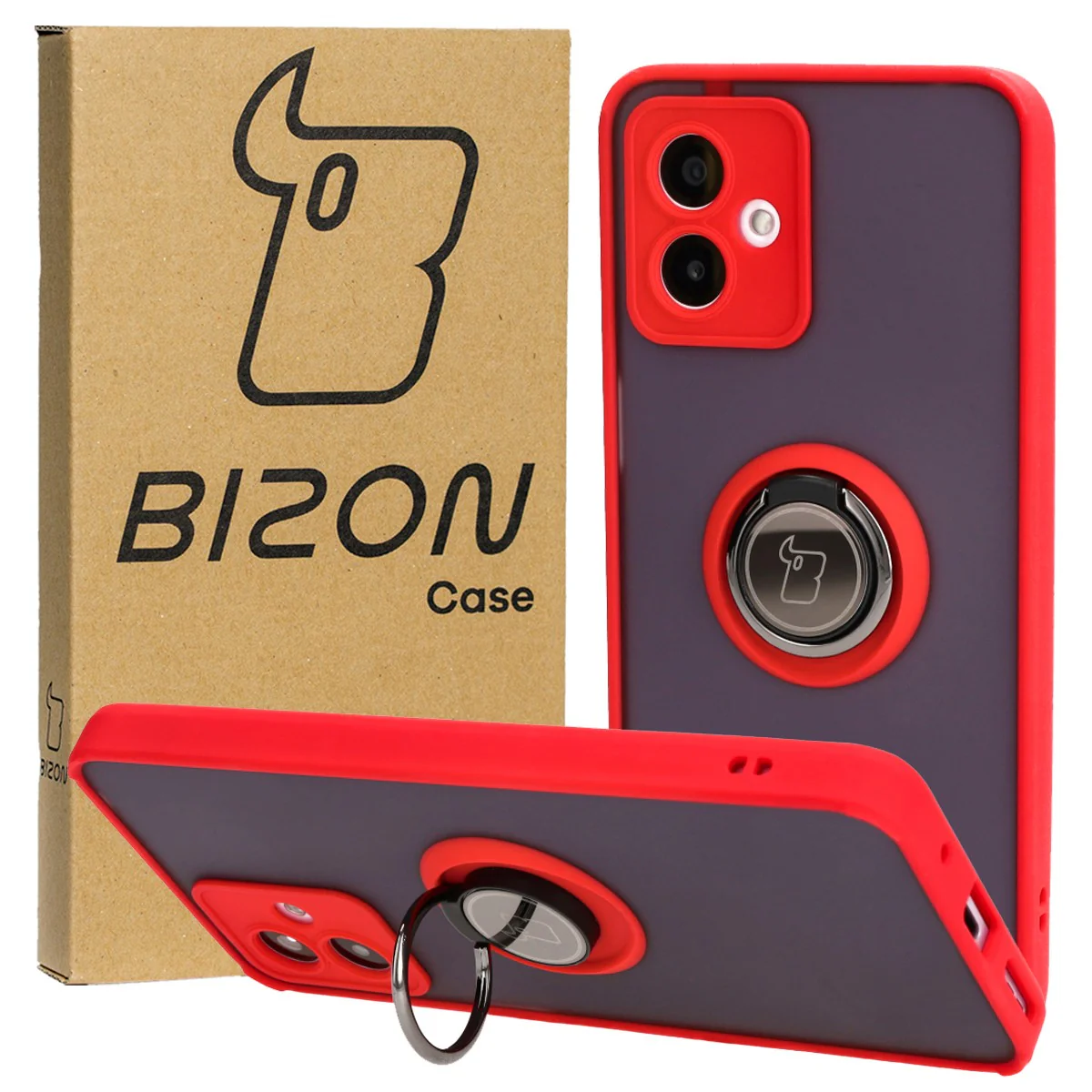 Handyhülle mit Fingergriff für Motorola Moto G14, Bizon Case Hybrid Ring, getönt mit rotem Rahmen