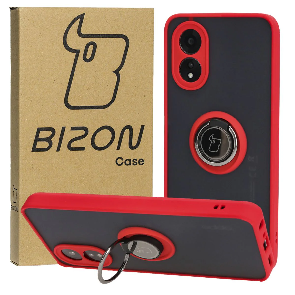 Handyhülle mit Fingergriff für Oppo A38 4G, Bizon Case Hybrid Ring, getönt mit rotem Rahmen