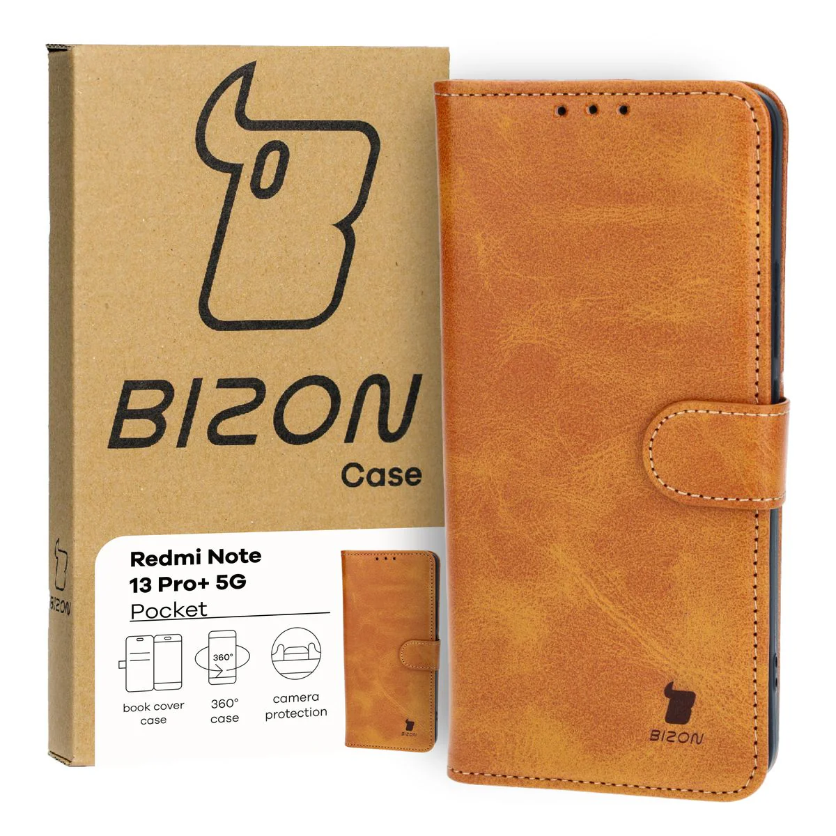 Handyhülle mit Klappe für Xiaomi Redmi Note 13 Pro+ 5G, Bizon Case Pocket, Braun