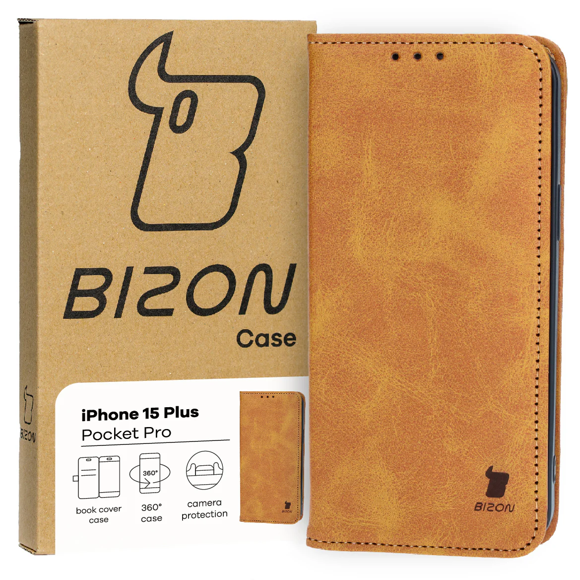 Handyhülle mit Klappe für iPhone 15 Plus, Bizon Case Pocket Pro, Braun