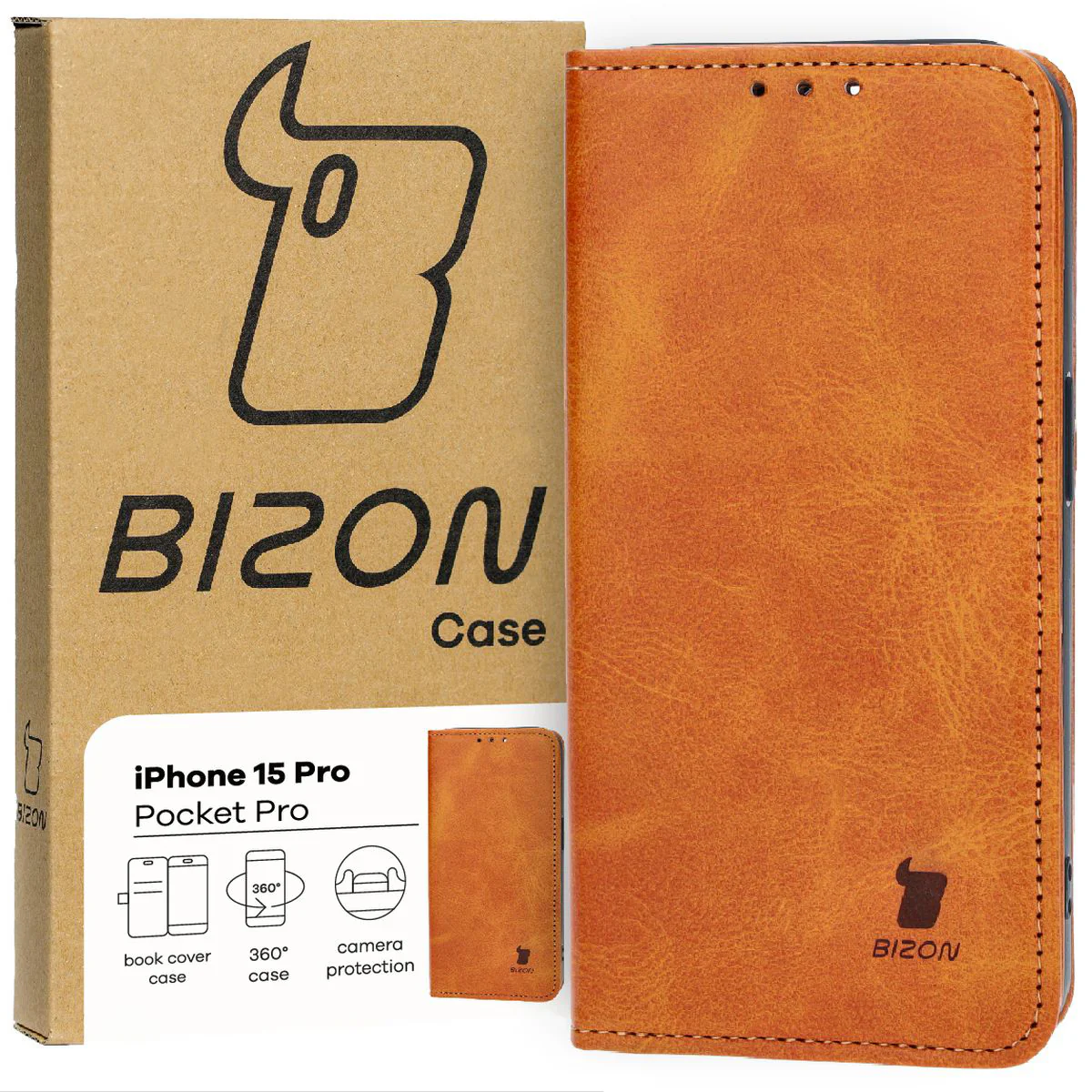 Handyhülle mit Klappe für iPhone 15 Pro, Bizon Case Pocket Pro, Braun