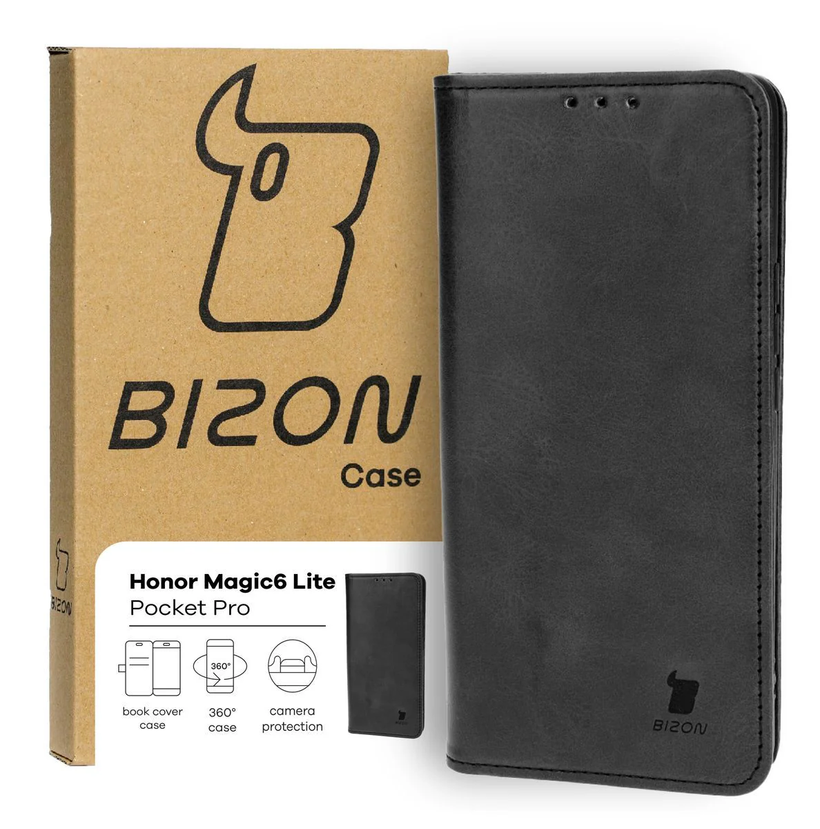 Handyhülle mit Klappe für Honor Magic6 Lite, Bizon Case Pocket Pro, Schwarz
