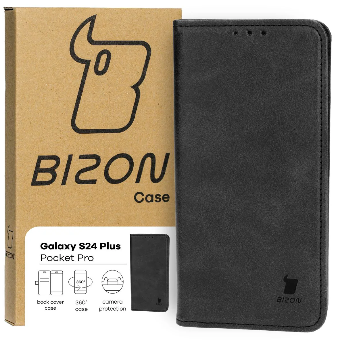Handyhülle mit Klappe für Galaxy S24 Plus, Bizon Case Pocket Pro, Schwarz