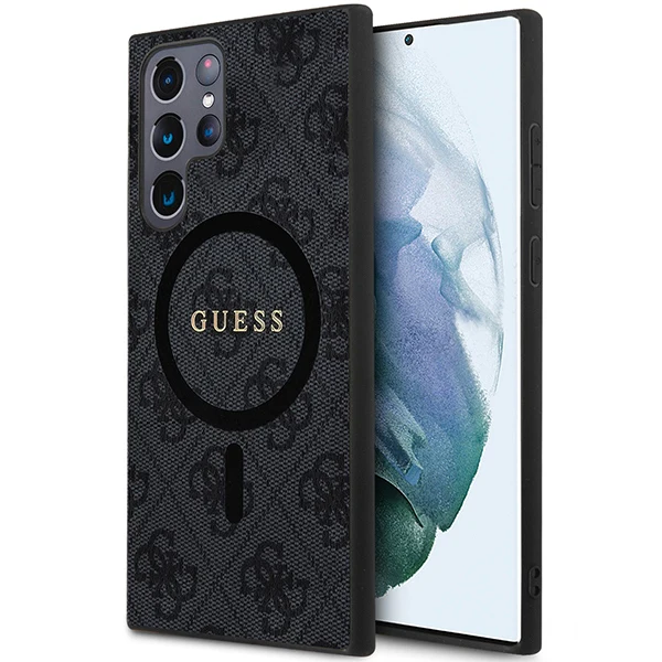 Schutzhülle für Galaxy S24 Ultra Guess Hardcase 4G Leather Metal Logo MagSafe, Schwarz