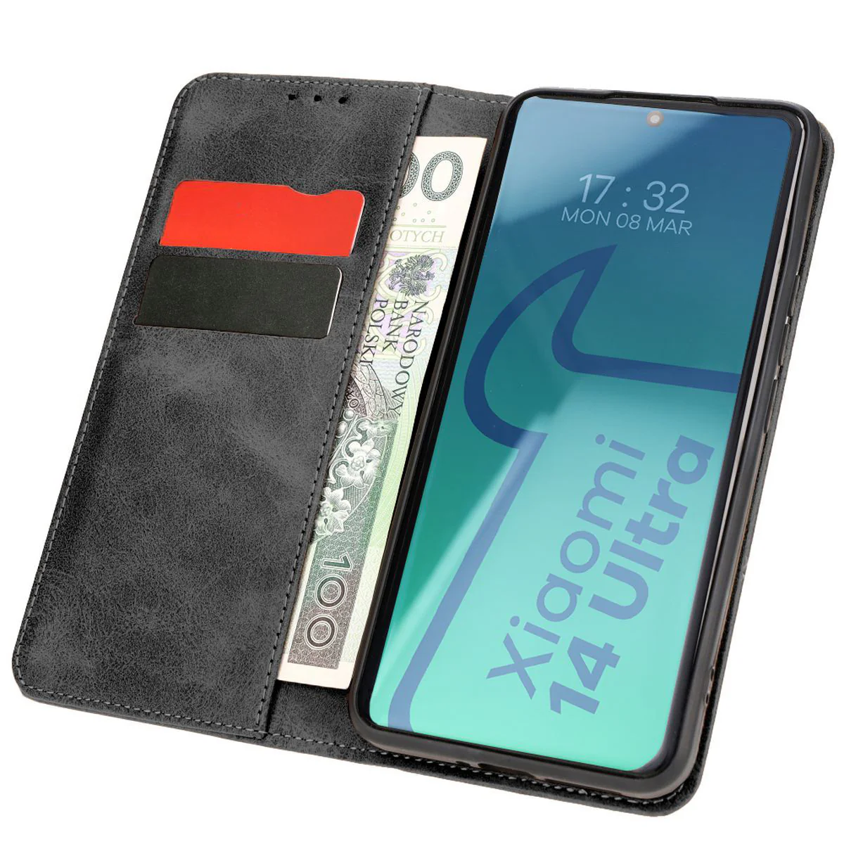Handyhülle mit Klappe für Xiaomi 14 Ultra, Bizon Case Pocket Pro, Schwarz
