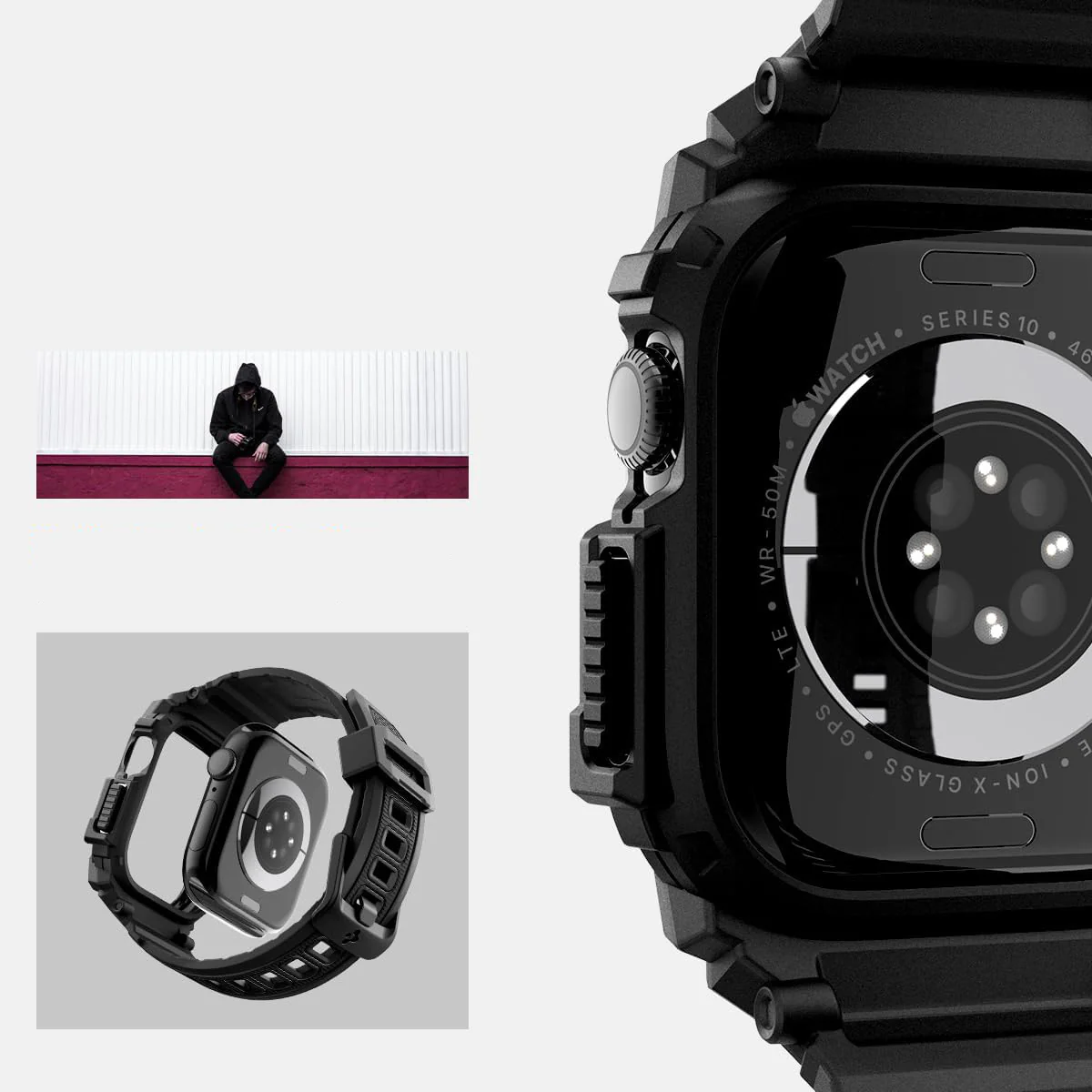 Schutzhülle mit Armband für Apple Watch 11 / 10 46 mm, Spigen Rugged Armor Pro, Schwarz - Image 12