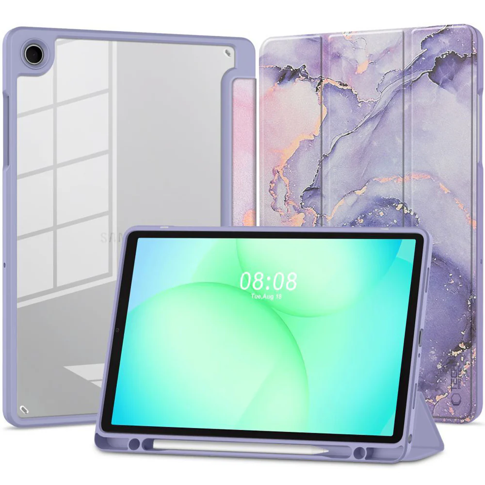 Schutzhülle mit Klappe für Galaxy Tab A11 / Tab A9, Tech-Protect SC Pen Hybrid, Violett mit Marmormuster