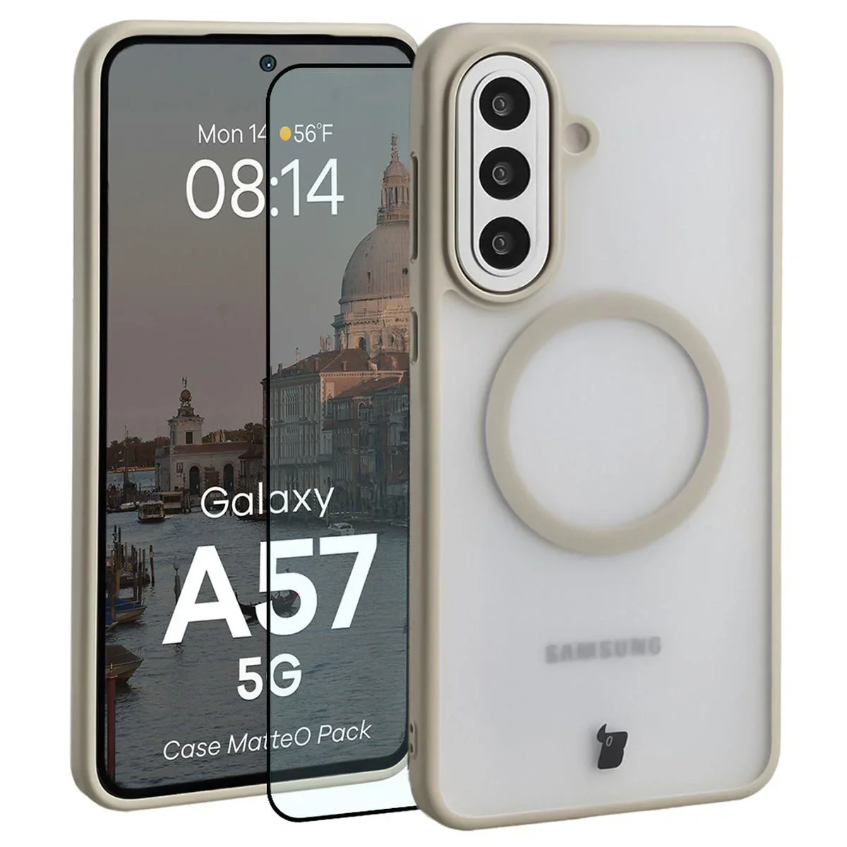 Schutzhülle mit Magnetring + gehärtetem Glas Bizon MatteO Pack für Galaxy A57 5G, Getönt-Beige