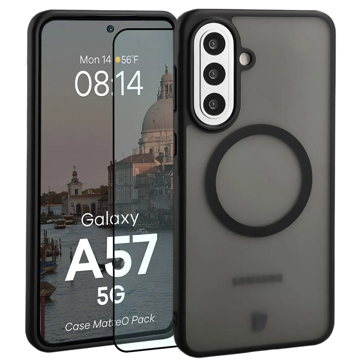 Schutzhülle mit Magnetring + gehärtetem Glas Bizon MatteO Pack für Galaxy A57 5G, Getönt-Schwarz
