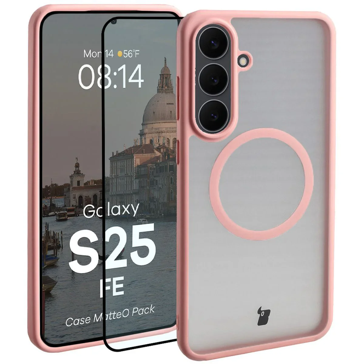 Schutzhülle mit Magnetring + gehärtetem Glas Bizon MatteO Pack für Galaxy S25 FE, Getönt-Hellrosa