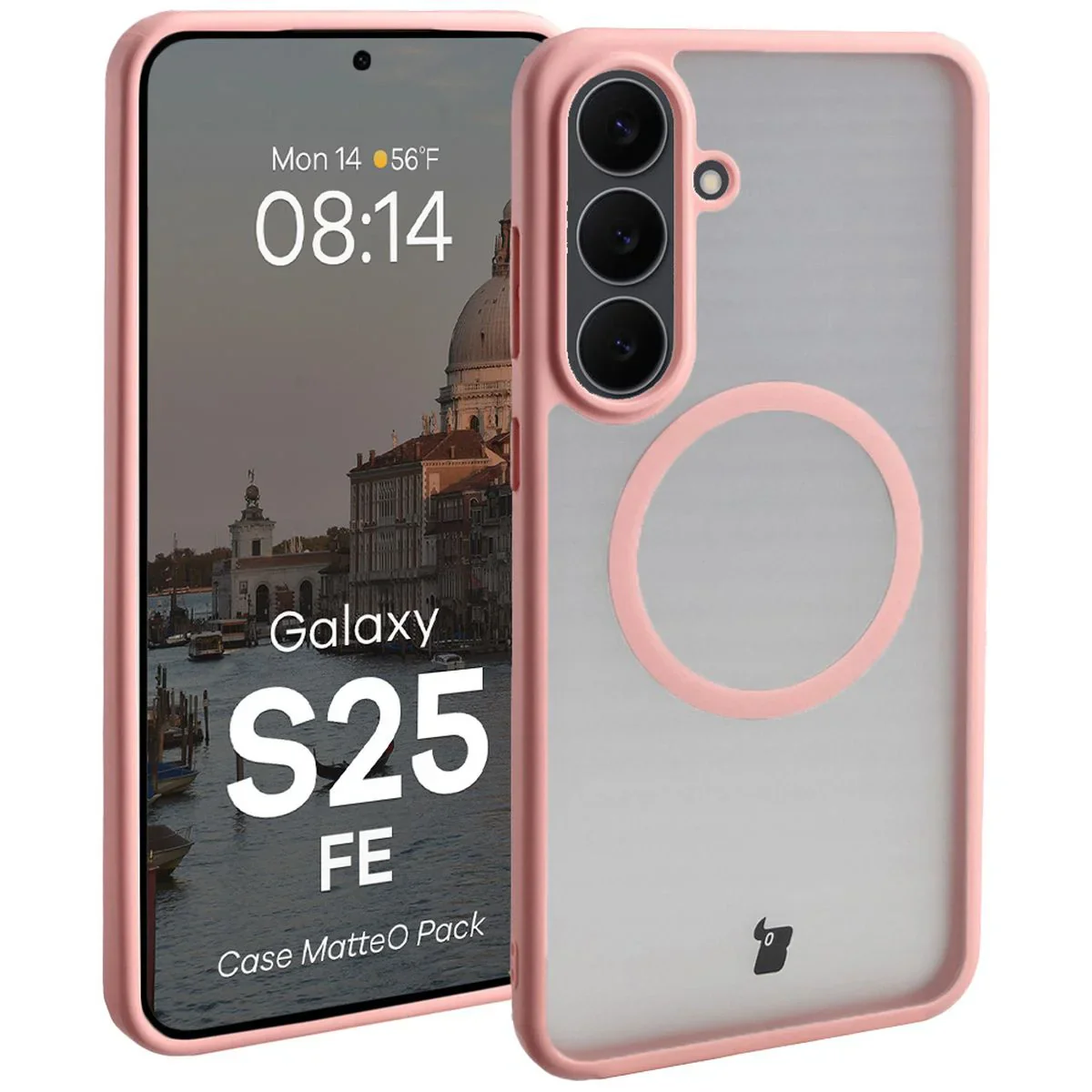Schutzhülle mit Magnetring + gehärtetem Glas Bizon MatteO Pack für Galaxy S25 FE, Getönt-Hellrosa - Image 3