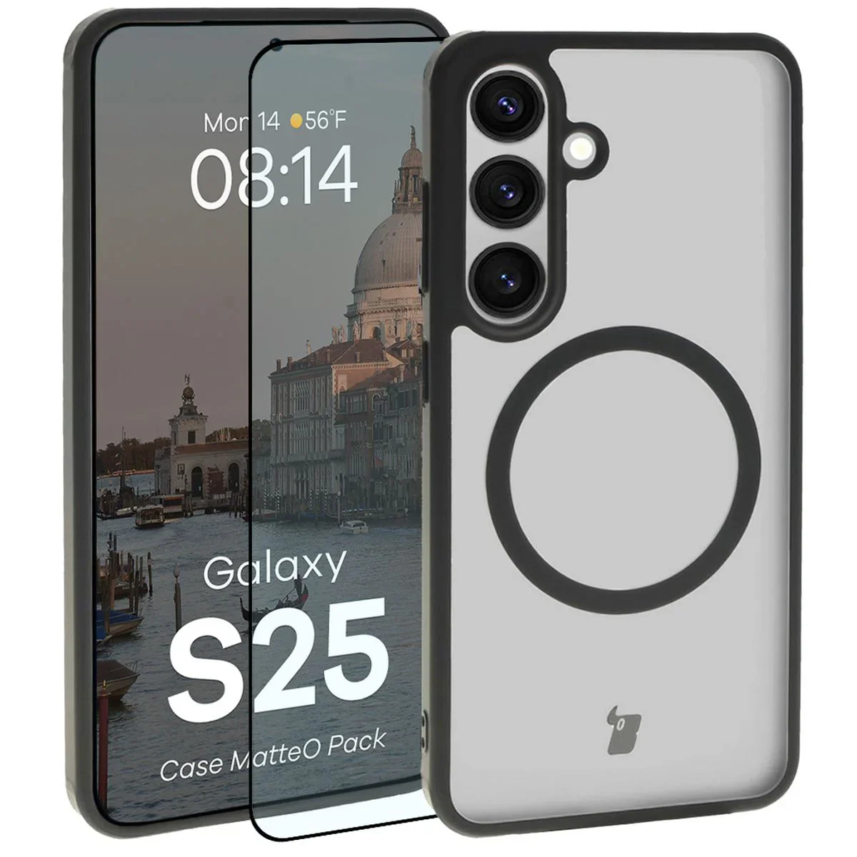 Schutzhülle mit Magnetring + gehärtetem Glas Bizon MatteO Pack für Galaxy S25, Getönt-Schwarz