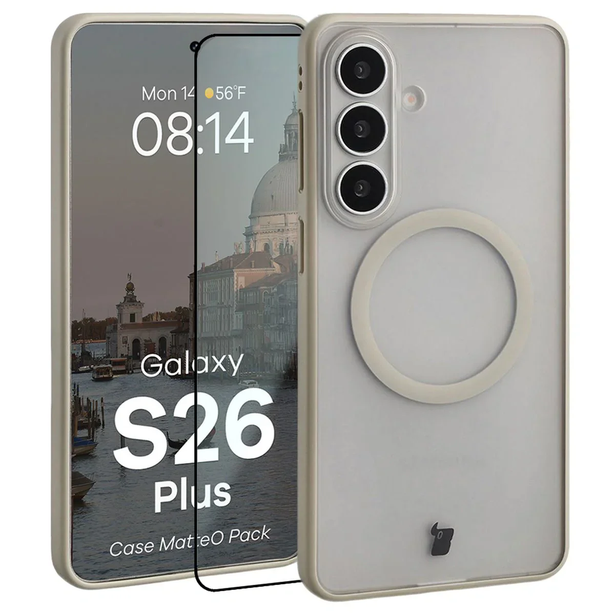 Schutzhülle mit Magnetring + gehärtetem Glas Bizon MatteO Pack für Galaxy S26 Plus, Getönt-Beige
