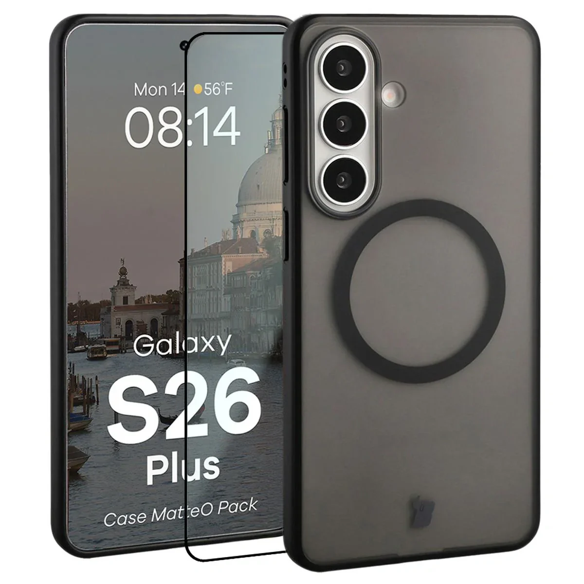 Schutzhülle mit Magnetring + gehärtetem Glas Bizon MatteO Pack für Galaxy S26 Plus, Getönt-Schwarz