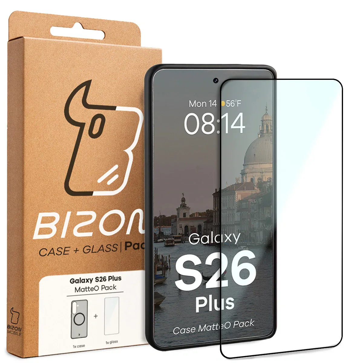 Schutzhülle mit Magnetring + gehärtetem Glas Bizon MatteO Pack für Galaxy S26 Plus, Getönt-Schwarz - Image 9