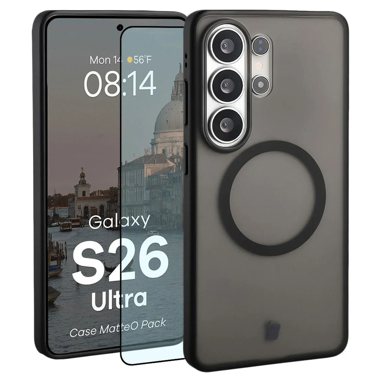 Schutzhülle mit Magnetring + gehärtetem Glas Bizon MatteO Pack für Galaxy S26 Ultra, Getönt-Beige