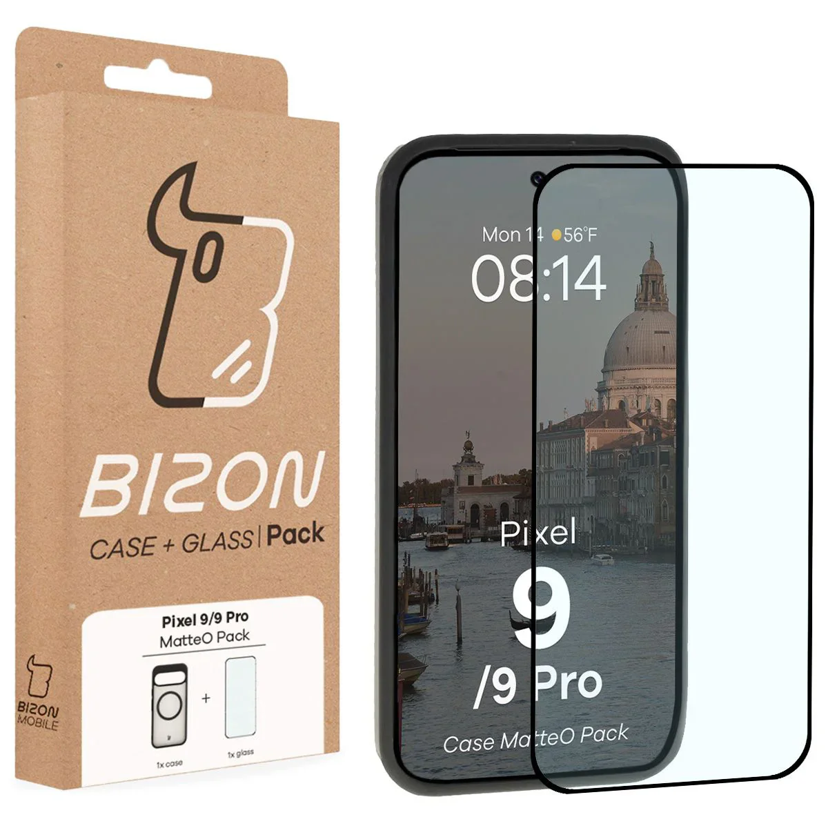 Schutzhülle mit Magnetring + gehärtetem Glas Bizon MatteO Pack für Google Pixel 9 / 9 Pro, Getönt-Schwarz - Image 9