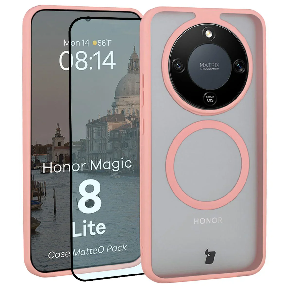 Schutzhülle mit Magnetring + gehärtetem Glas Bizon MatteO Pack für Honor Magic8 Lite, Getönt-Hellrosa
