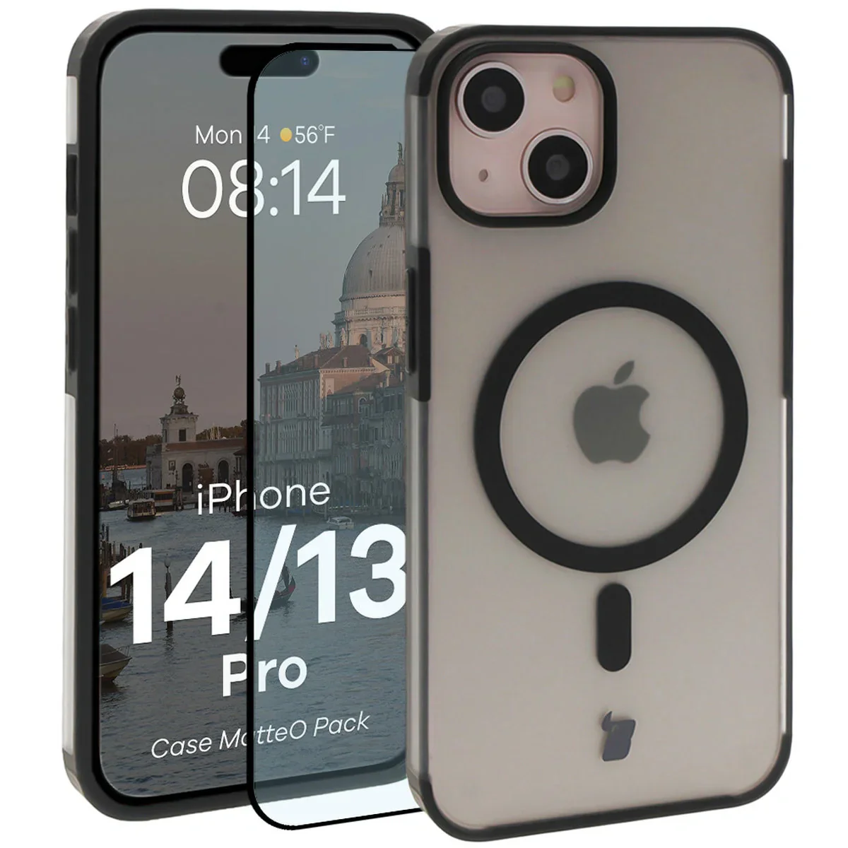 Schutzhülle mit Magnetring + gehärtetem Glas Bizon MatteO Pack für iPhone 14 / 13, Getönt-Schwarz