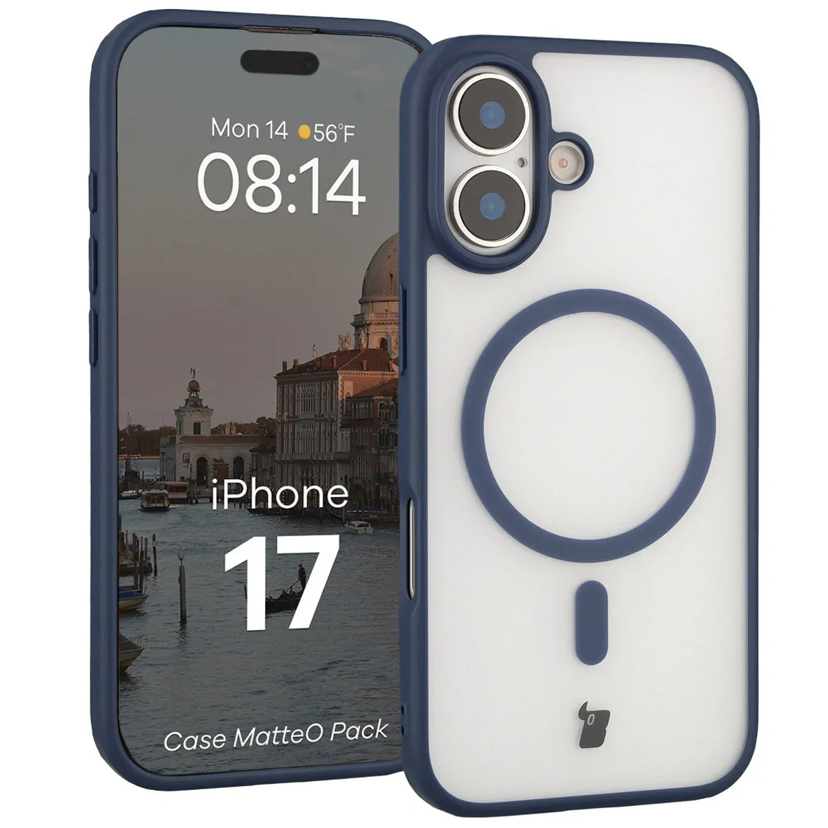 Schutzhülle mit Magnetring + gehärtetem Glas Bizon MatteO Pack für iPhone 17, Getönt-Dunkelblau - Image 3