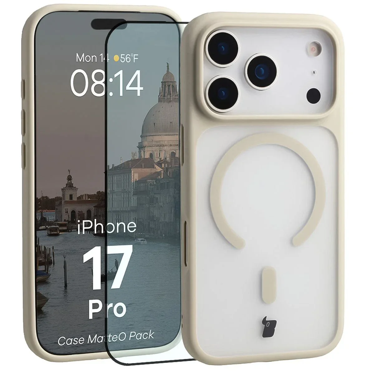 Schutzhülle mit Magnetring + gehärtetem Glas Bizon MatteO Pack für iPhone 17 Pro, Getönt-Beige